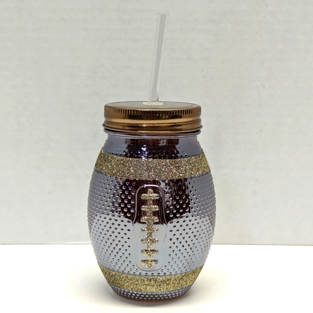 Glittery Football Glass Mason Jar Tailgate Tumbler Cup with Lid & Straw - Picture 1 of 4
